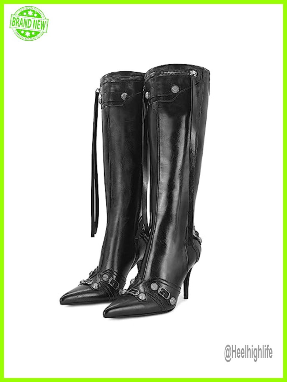 Faux Leather Pointed Toe Stiletto Knee High Boots with Zipper - Picture 1 of 6